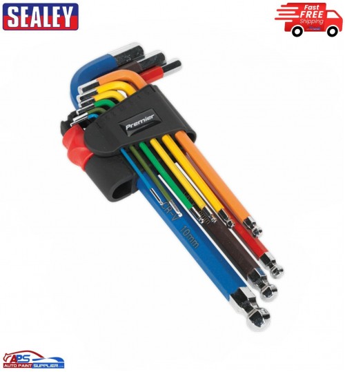 AK7190 Sealey Ball-End Hex Allen Key Set-9pc Colour-Coded Long Metric